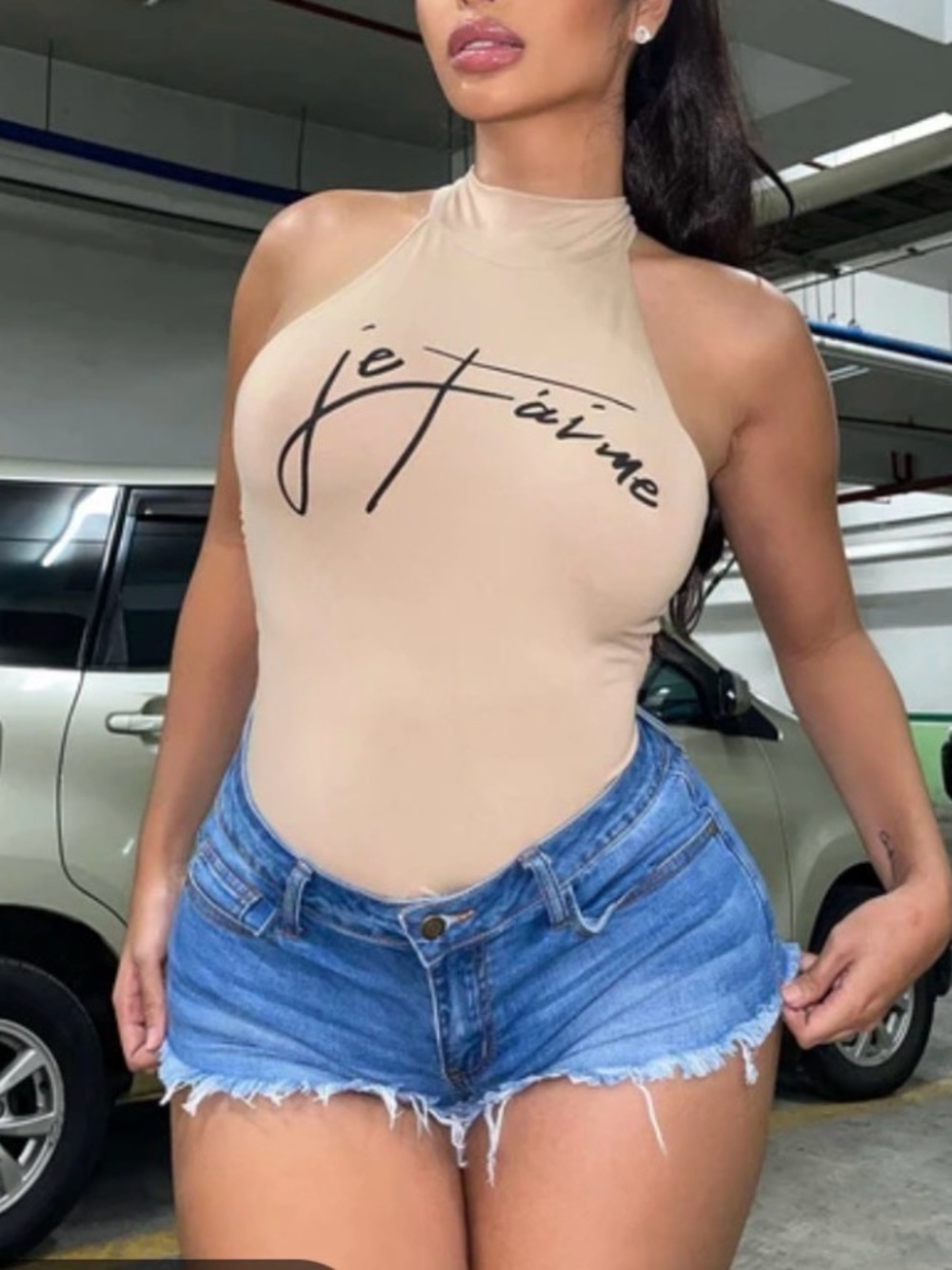 Fashion Nova Beige Halter Bodysuit with Script Print